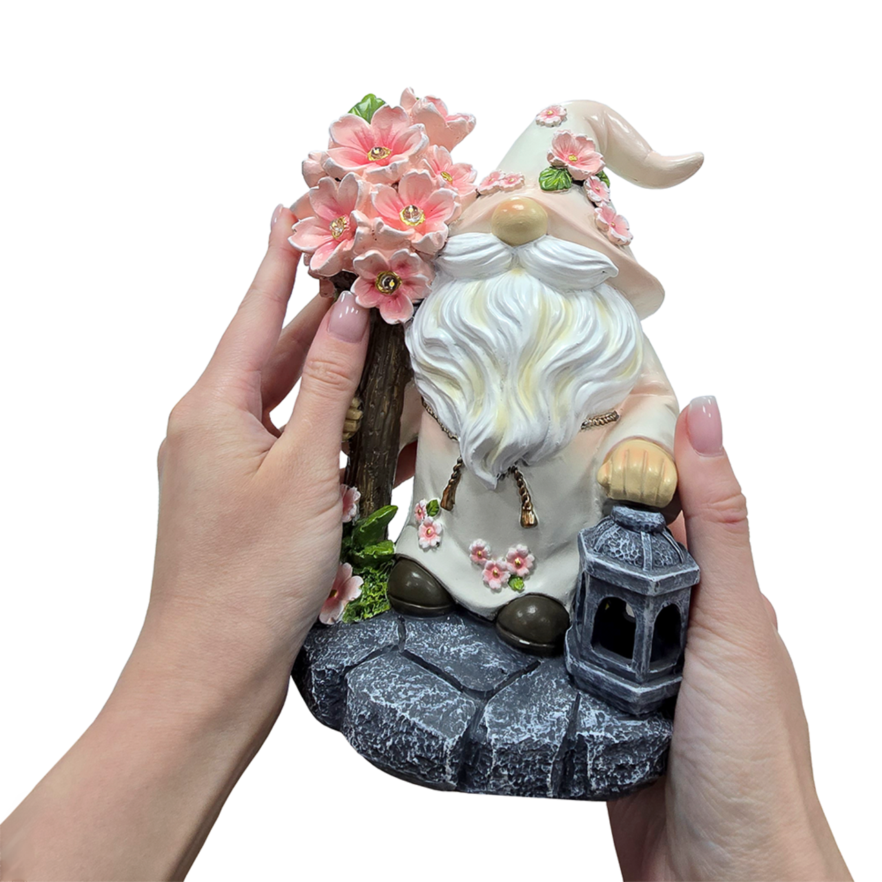 Cherry Blossom Gnome Solar Garden Statue, 8" Figurine and Floral Outdoor Decor